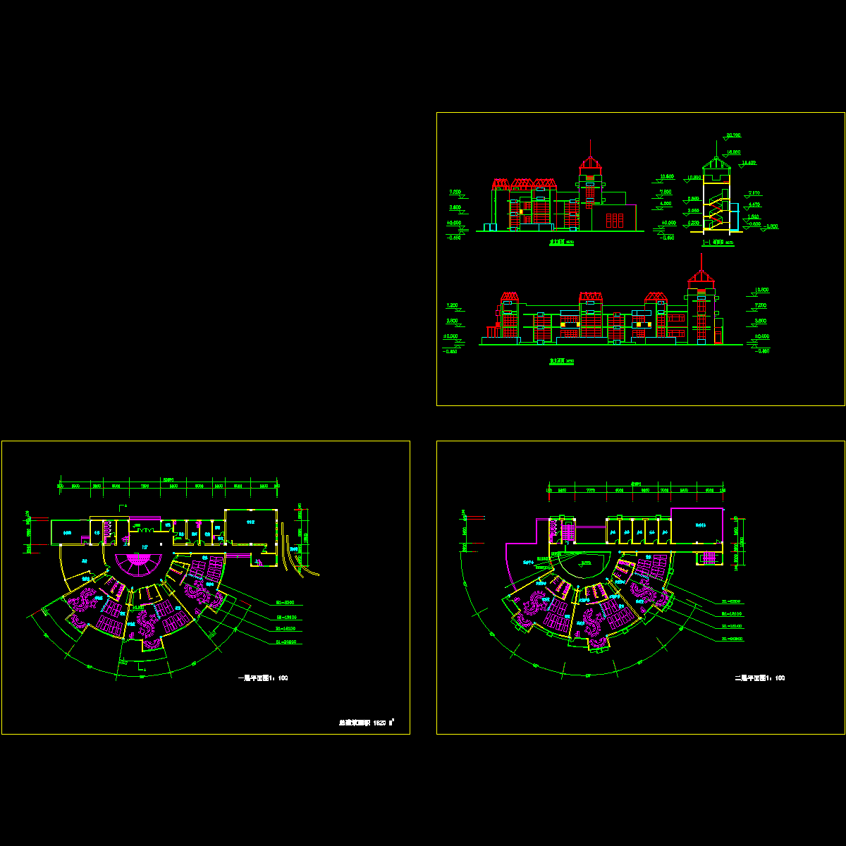 2层类似扇形1820平米幼儿园建筑方案设计CAD初设图纸 - 1