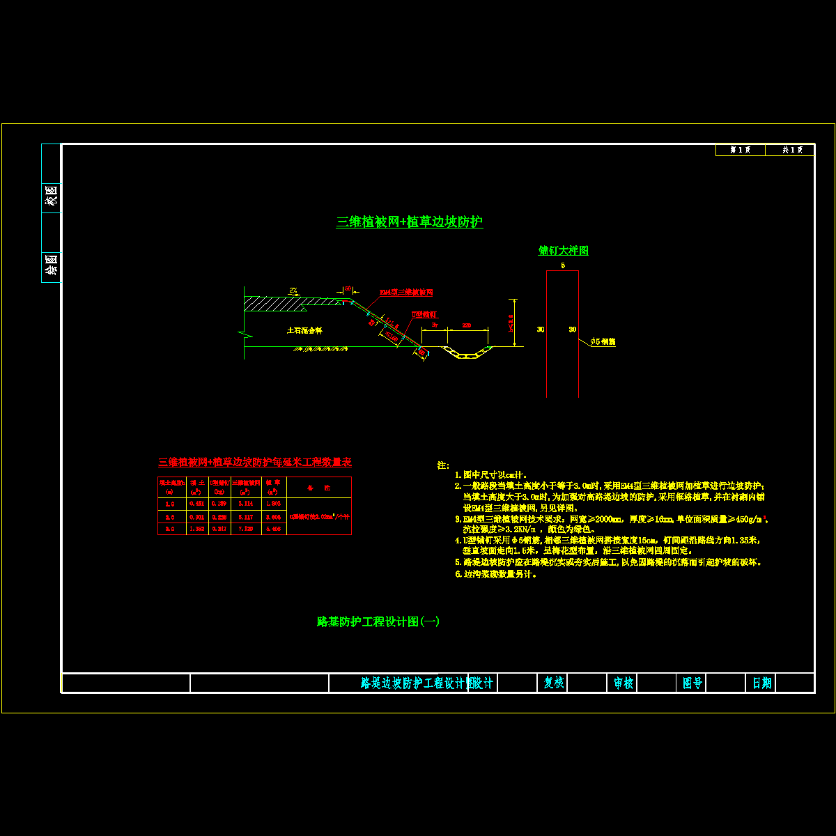 三维植被网植草路堤边坡防护节点构造CAD详图纸 - 1