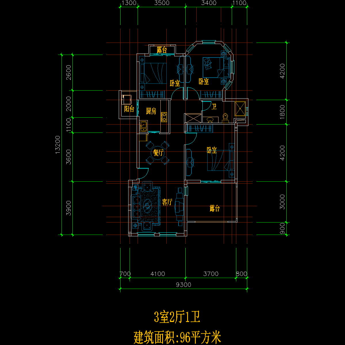 板式多层单户三室二厅一卫户型CAD图纸 - 1