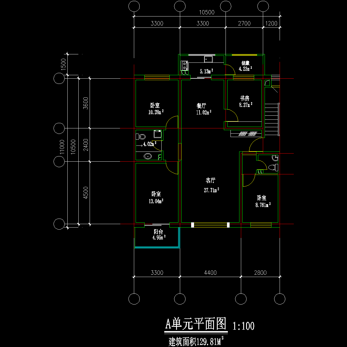 板式多层三室单户户型CAD图纸 - 1