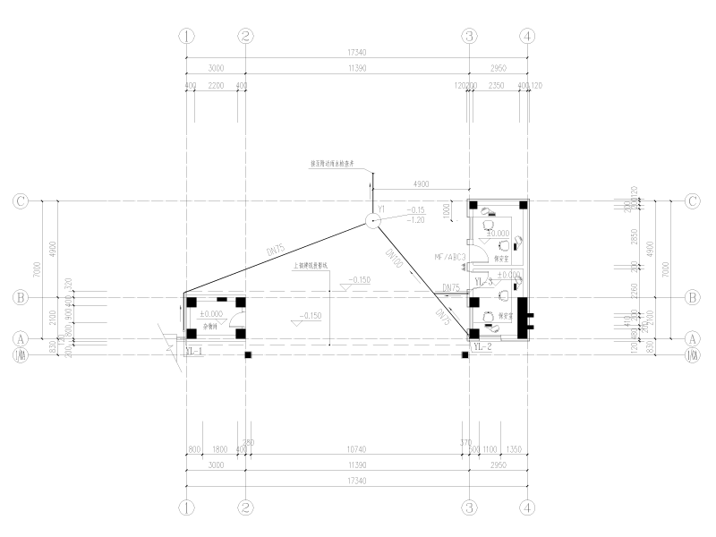 中学学校大门给排水施工图纸cad平面图 - 1